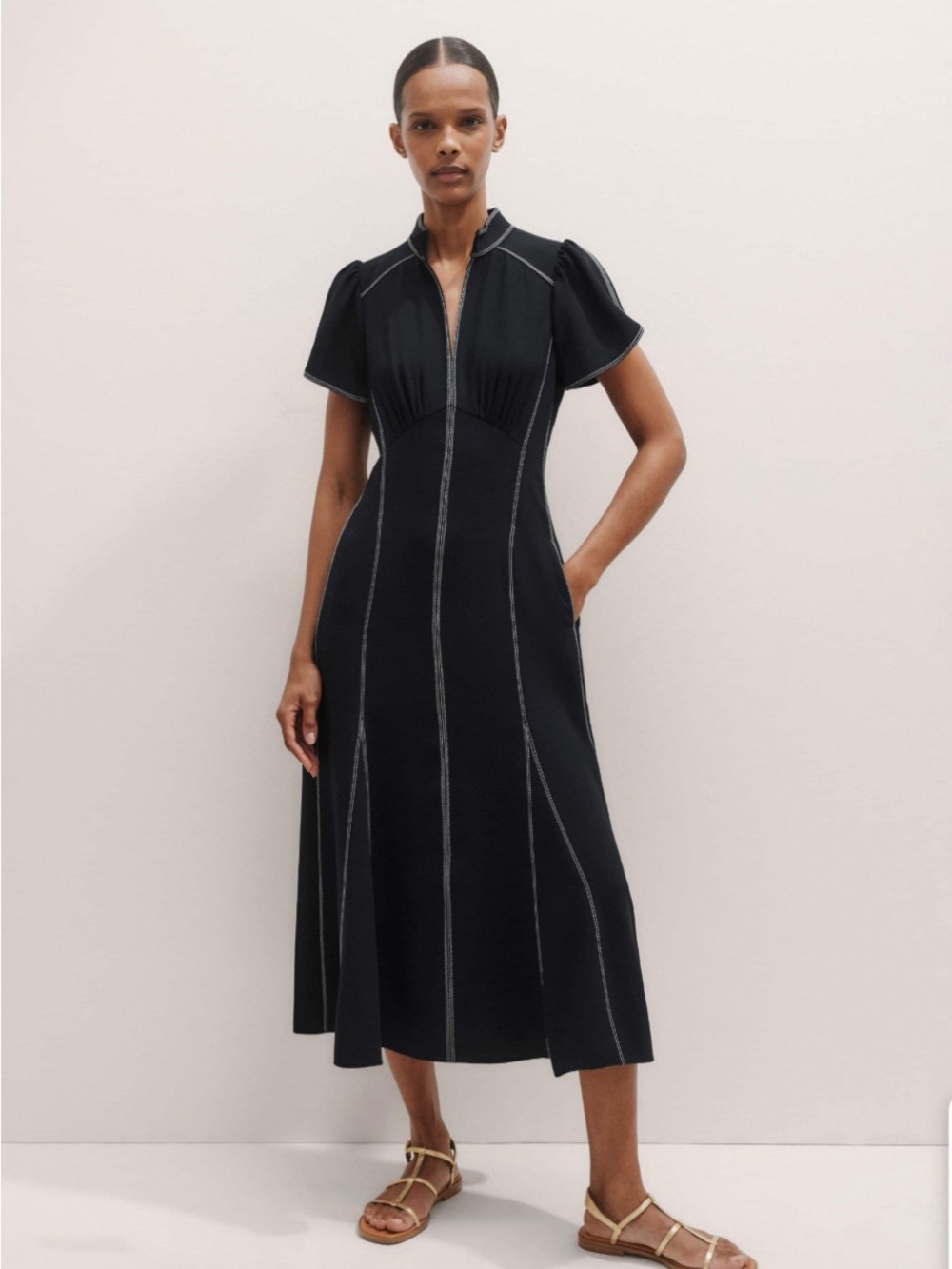 ME + EM Black Contrasting-Stitch Midi Dress - NWT - 12